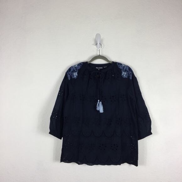 NWT Anthropologie Tolani Brenna Navy Embroidered Eyelet Blouse XS Cotton Boho - Picture 3 of 12
